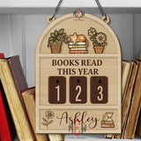 Books Read This Year Tracker - Cozy Cat and Plants Wooden Sign, Personalized Reading Counter, Cute Book Lover Gift