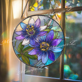 Purple Passion Flower Stained Glass Suncatcher – Round Floral Window Hanging, Botanical Art Decor, Vibrant Glass Gift for Home