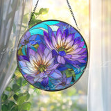 Blue Purple Water Lily Stained Glass Suncatcher – Round Floral Window Hanging, Lotus Flower Art Decor, Vibrant Glass Gift
