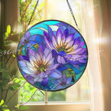 Blue Purple Water Lily Stained Glass Suncatcher – Round Floral Window Hanging, Lotus Flower Art Decor, Vibrant Glass Gift