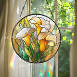 Yellow Calla Lily Stained Glass Suncatcher, Round Floral Window Hanging, Elegant Glass Art Decor, Botanical Gift for Home
