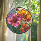 Cosmos Flower Stained Glass Suncatcher, Round Floral Window Hanging, Colorful Glass Art Decor, Vibrant Botanical Gift for Home