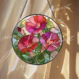 Morning Glory Stained Glass Suncatcher, Round Floral Window Hanging, Pink Red Flower Art Decor, Vibrant Glass Gift for Home
