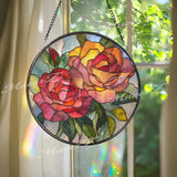 Rose Stained Glass Suncatcher, Round Floral Window Hanging, Red Orange Flower Art Decor, Vibrant Glass Gift for Home