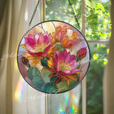 Cactus Flower Stained Glass Suncatcher, Round Desert Bloom Window Hanging, Pink Orange Floral Art Decor, Vibrant Glass Gift