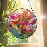 Cactus Flower Stained Glass Suncatcher, Round Desert Bloom Window Hanging, Pink Orange Floral Art Decor, Vibrant Glass Gift