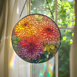 Chrysanthemum Stained Glass Suncatcher, Round Floral Window Hanging, Orange Yellow Bloom Art Decor, Vibrant Glass Gift for Home