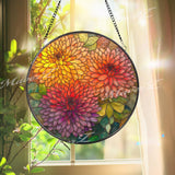 Chrysanthemum Stained Glass Suncatcher, Round Floral Window Hanging, Orange Yellow Bloom Art Decor, Vibrant Glass Gift for Home