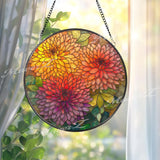 Chrysanthemum Stained Glass Suncatcher, Round Floral Window Hanging, Orange Yellow Bloom Art Decor, Vibrant Glass Gift for Home