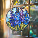 Delphinium Stained Glass Suncatcher, Round Blue Floral Window Hanging, Elegant Flower Art Decor, Vibrant Glass Gift for Home