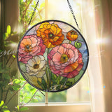 Poppy Flower Stained Glass Suncatcher, Round Orange Pink Floral Window Hanging, Vibrant Glass Art Decor, Handmade Gift for Home