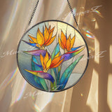 Bird of Paradise Stained Glass Suncatcher, Round Tropical Floral Window Hanging, Vibrant Orange Blue Art Decor, Handmade Gift