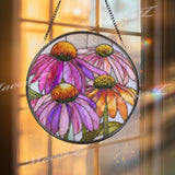 Coneflower Stained Glass Suncatcher, Round Pink Orange Floral Window Hanging, Vibrant Garden Art Decor, Handmade Glass Gift