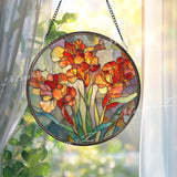 Gladiolus Stained Glass Suncatcher, Round Orange Red Floral Window Hanging, Vibrant Garden Flower Art Decor, Handmade Glass Gift