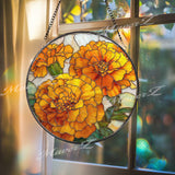 Marigold Stained Glass Suncatcher, Round Yellow Orange Floral Window Hanging, Bright Bloom Art Decor, Handmade Glass Gift