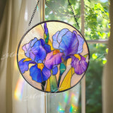 Iris Flower Stained Glass Suncatcher, Round Blue Purple Floral Window Hanging, Elegant Glass Art Decor, Handmade Gift for Home