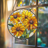 Sunflower Stained Glass Suncatcher, Round Yellow Floral Window Hanging, Bright Glass Art Decor, Handmade Gift for Home