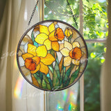 Daffodil Stained Glass Suncatcher, Round Yellow Floral Window Hanging, Spring Bloom Art Decor, Bright Handmade Glass Gift