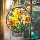 Daffodil Stained Glass Suncatcher, Round Yellow Floral Window Hanging, Spring Bloom Art Decor, Bright Handmade Glass Gift