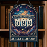 Books Read This Year Tracker - Space Galaxy Reading Sign, Rocket and Planets Wooden Library Decor, Personalized Book Lover Gift, Cosmic Art