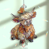 Highland Cow Acrylic Suncatcher, Cute Calf Window Decor, Stained Glass Style Farm Animal Art, Butterfly Gift for Country Home