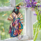 Geisha Acrylic Suncatcher, Japanese Kimono Window Art, Stained Glass Style Oriental Decor, Elegant Asian Gift for Home and Office