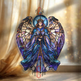 Guardian Angel Acrylic Suncatcher, Stained Glass Style Blue Winged Art, Spiritual Window Decor, Celestial Gift for Faith and Home
