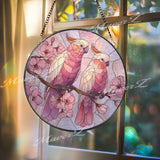 Pink Cockatoo Stained Glass Suncatcher, Parrot Window Hanging, Floral Bird Sun Catcher, Nature Art Glass Decor, Garden Lover Gift