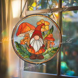 Gnome Stained Glass Suncatcher, Mushroom Garden Window Art, Whimsical Sun Catcher, Fairy Cottage Decor, Handmade Nature Gift