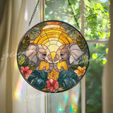 Elephant Stained Glass Suncatcher, Jungle Sunset Window Art, Tropical Sun Catcher, Safari Animal Decor, Handmade Nature Gift