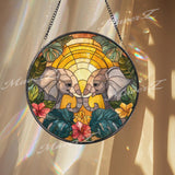 Elephant Stained Glass Suncatcher, Jungle Sunset Window Art, Tropical Sun Catcher, Safari Animal Decor, Handmade Nature Gift