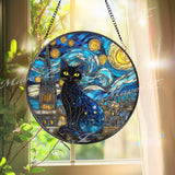 Black Cat Stained Glass Suncatcher, Starry Night Window Art, Celestial Sun Catcher, Gothic Glass Decor, Gift for Cat Lover, Moon Art