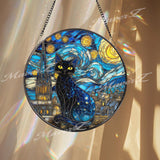 Black Cat Stained Glass Suncatcher, Starry Night Window Art, Celestial Sun Catcher, Gothic Glass Decor, Gift for Cat Lover, Moon Art