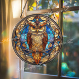Owl Stained Glass Suncatcher, Wisdom Bird Window Art, Nocturnal Sun Catcher, Blue Gold Glass Decor, Handmade Gift for Owl Lovers