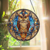 Owl Stained Glass Suncatcher, Wisdom Bird Window Art, Nocturnal Sun Catcher, Blue Gold Glass Decor, Handmade Gift for Owl Lovers