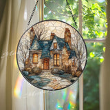 Cottage Stained Glass Suncatcher, Cozy Home Window Art, Fairytale House Sun Catcher, Rustic Glass Decor, Country Cabin Gift