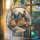 Cottage Stained Glass Suncatcher, Cozy Home Window Art, Fairytale House Sun Catcher, Rustic Glass Decor, Country Cabin Gift