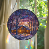 Winter Cabin Stained Glass Suncatcher, Snowy Forest Window Art, Cozy Home Sun Catcher, Rustic Glass Decor, Holiday Gift for Nature Lover