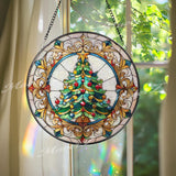 Christmas Tree Stained Glass Suncatcher, Holiday Window Hanging Ornament, Festive Round Glass Art, Winter Home Decoration Gift