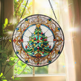 Christmas Tree Stained Glass Suncatcher, Holiday Window Hanging Ornament, Festive Round Glass Art, Winter Home Decoration Gift