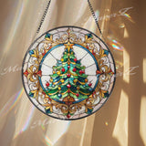 Christmas Tree Stained Glass Suncatcher, Holiday Window Hanging Ornament, Festive Round Glass Art, Winter Home Decoration Gift