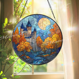 Castle Stained Glass Suncatcher, Fantasy Window Hanging Art, Autumn Landscape Glass Decor, Fairytale Home Decoration Gift