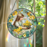 Girl with Yellow Flowers Stained Glass Suncatcher, Vintage Window Art, Floral Home Decor, Romantic Garden Gift for Her