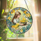 Girl with Yellow Flowers Stained Glass Suncatcher, Vintage Window Art, Floral Home Decor, Romantic Garden Gift for Her