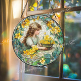 Girl with Yellow Flowers Stained Glass Suncatcher, Vintage Window Art, Floral Home Decor, Romantic Garden Gift for Her