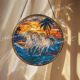 Running Horses Stained Glass Suncatcher, Ocean Sunset Window Art, Wild Horse Decor, Beach Scene Glass Ornament, Nature Gift
