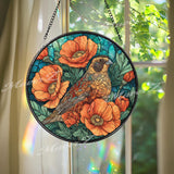 Bird and Poppy Stained Glass Suncatcher, Floral Window Art, Nature Glass Decor, Orange Flower Design, Garden Lover Gift