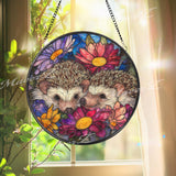 Hedgehog Stained Glass Suncatcher, Floral Window Art, Cute Animal Decor, Colorful Garden Glass Ornament, Nature Lover Gift