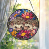 Hedgehog Stained Glass Suncatcher, Floral Window Art, Cute Animal Decor, Colorful Garden Glass Ornament, Nature Lover Gift