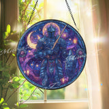Moon Knight Stained Glass Suncatcher, Celestial Warrior Art, Fantasy Window Hanging, Starry Night Decor, Gothic Gift for Him